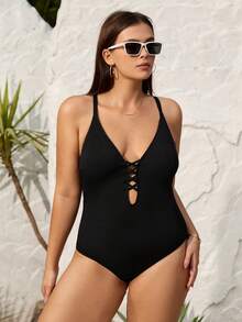 SHEIN Swim Curve 大尺碼性感純色連身泳衣 - 黑色 - 查看 3