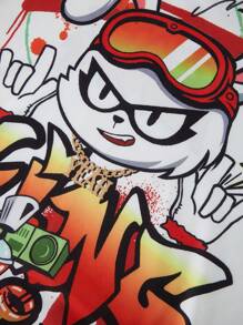 SHEIN EZwear Plus Letter and Cartoon Graphic Drop Shoulder Drawstring Hoodie - Multicolor - View 5