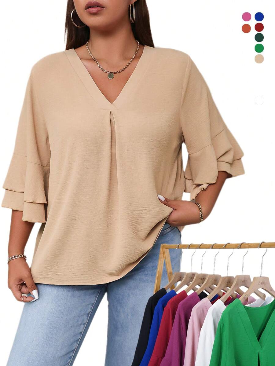 Celure Plus Solid Flare Sleeve V Neck Blouse - Apricot - View 1