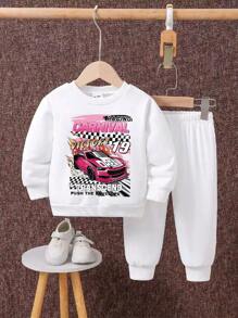 Conjunto De Sudadera Con Cuello Redondo Y Patrón De Coche Para Bebé Niño - Blanco - Ver 1