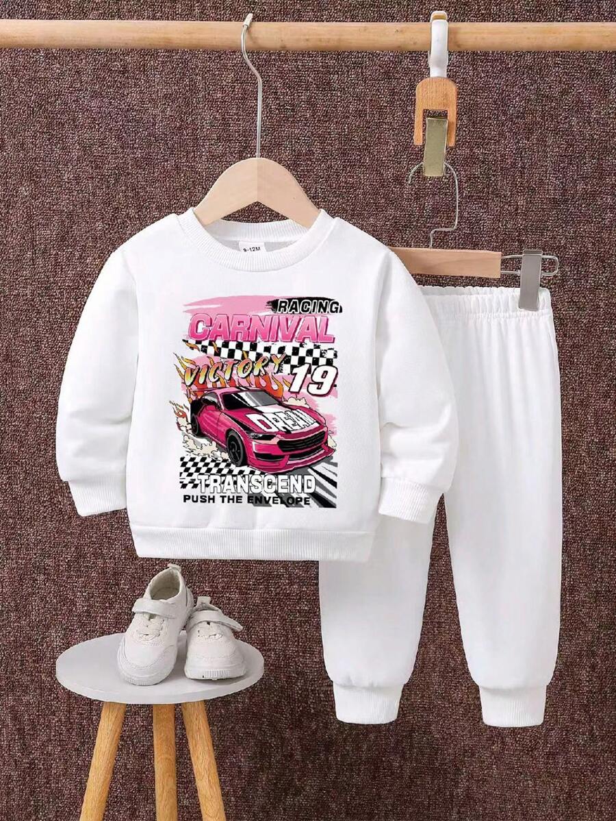 Conjunto De Sudadera Con Cuello Redondo Y Patrón De Coche Para Bebé Niño - Blanco - Ver 1