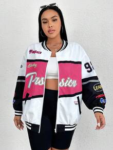 SHEIN EZwear Kích thước lớn In thư Sọc Áo khoác bóng chày - Màu Hồng Tươi - Xem 3