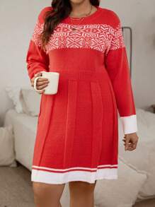 SHEIN LUNE Plus Size Women's Color Block Geometric Pattern Sweater Dress - Red and White - View 3