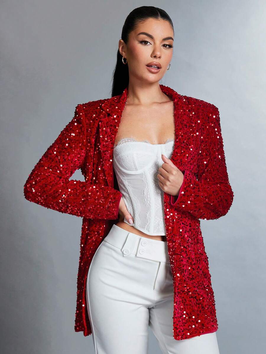 SHEIN BAE Blazer De Terciopelo Rojo Con Lentejuelas, Atuendo Glamoroso Para Fiestas - Rojo - Ver 1