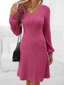 SHEIN Clasi 女性v領肋紋連衣裙 - 玫紅色 - 查看 3