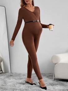 SHEIN V-neck Solid Color Slim Fit Maternity Jumpsuit - Brown - View 3
