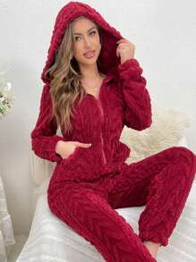 女士简约纯色连帽家居服，适合秋冬季节穿着，蓬松舒适 - 紅色 - 查看 6
