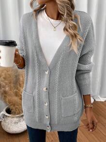 SHEIN Essnce 長袖針織女式開襟外套 - 灰色 - 查看 4