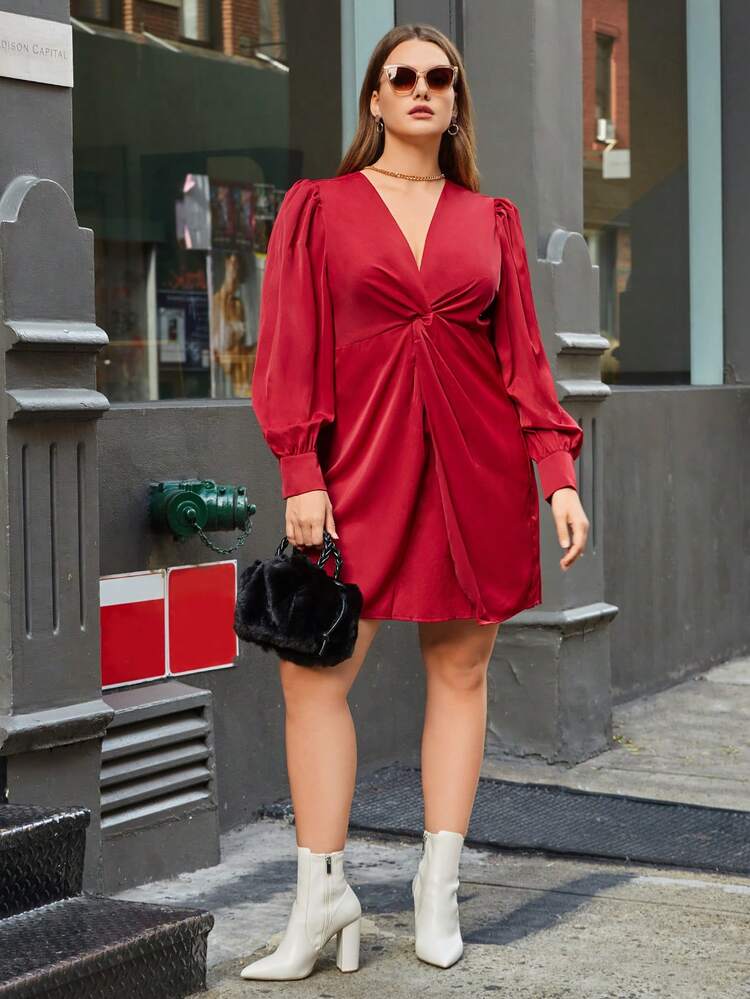 Plus Twist Front Lantern Sleeve Dress