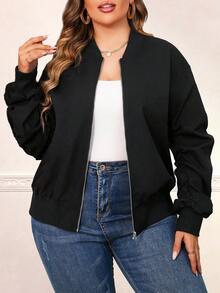 Celure Plus Rhinestone Slogan Pattern Drop Shoulder Bomber Jacket - Black - View 2