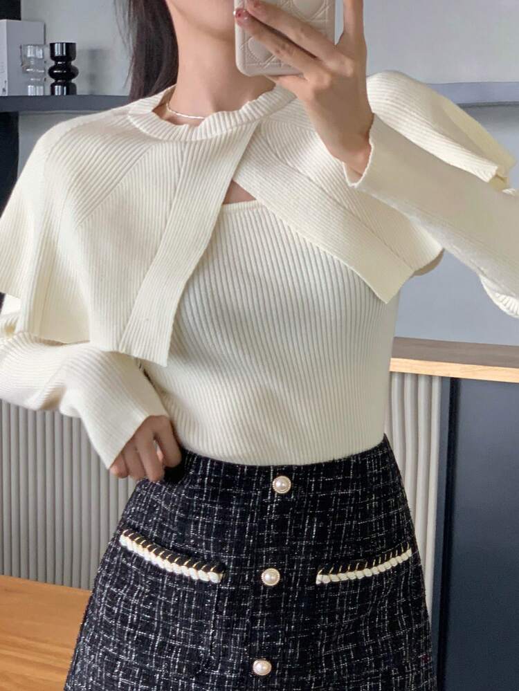Solid Colored Ribbed Top And Shawl Two Pieces Set,Ruffle,Fall Clothes