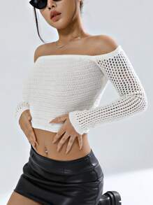 SHEIN Unity بلوزة كنزة محبوكة ذات الكتف المنحرف للخريف والشتاء - لون مشمشي - مشاهدة 6