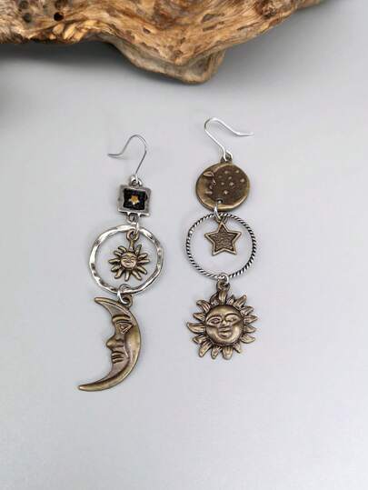 Fairycore Bohemian Vintage Style Geometric Shape Pendant Earrings Featuring Sun, Moon, Stars And Flower Elements