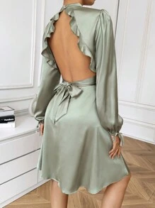 SHEIN Privé 女式露背打結連身裙 - 綠色 - 查看 5