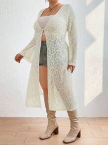 Flirla Quý cô Ren Dài Áo - Màu be - Xem 3