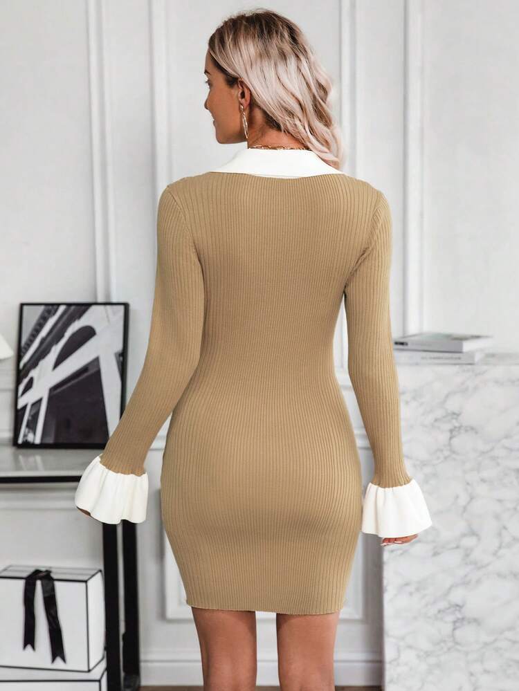 Contrast Trim Flounce Sleeve Button Front Bodycon Sweater Dress