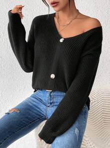 Chiquease Women's Decoration Buckle Design Mesh Knitted Sweater With Back Insert Fall Winter - Black - View 6