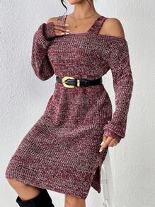 SHEIN LUNE Abito maglione con spalle scoperte orlo a fessura senza cintura - Moka Marrone - Visualizzare 6
