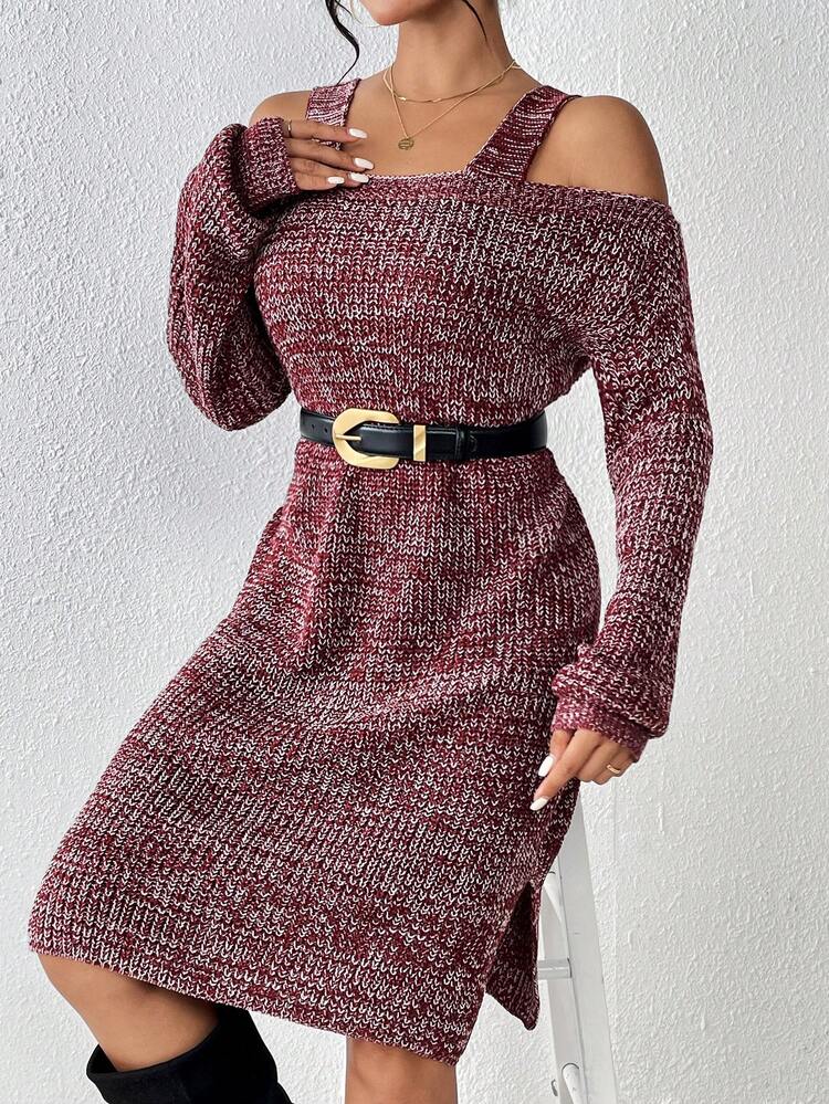Cold Shoulder Split Hem Sweater Dress Without Belt