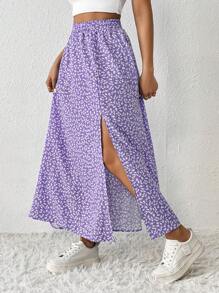 SHEIN PETITE Falda Con Abertura Alta Y Estampado Floral Para Mujer - Morado - Ver 3