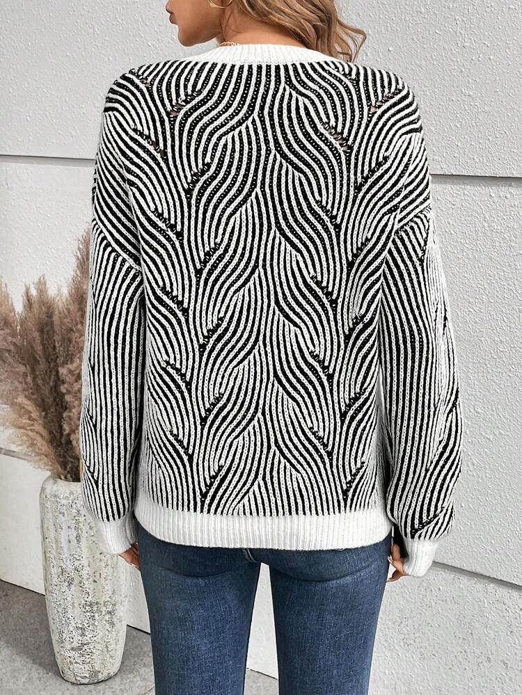 Women's Oversized Printed Drop Shoulder Knit Pullover Fall Winter Sweater