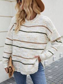 SHEIN Frenchy Suéter De Mujer Con Cuello Redondo, Rayas Y Hombros Caídos - Multicolor - Ver 4