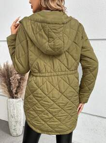 SHEIN LUNE 女士纯色连帽棉服外套冬季抽绳腰带 - 芥末黃 - 查看 2