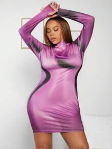 SHEIN SXY Plus Size Body Printed Mini Dress With Thumb Hole - Purple - View 5