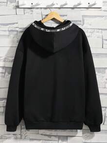 SHEIN 青少年男孩字母图案袋鼠口袋落肩卫衣 - 黑色 - 查看 2