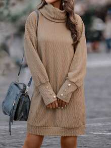 SHEIN LUNE 高領,長袖,釦式袖口,及膝裙長裙