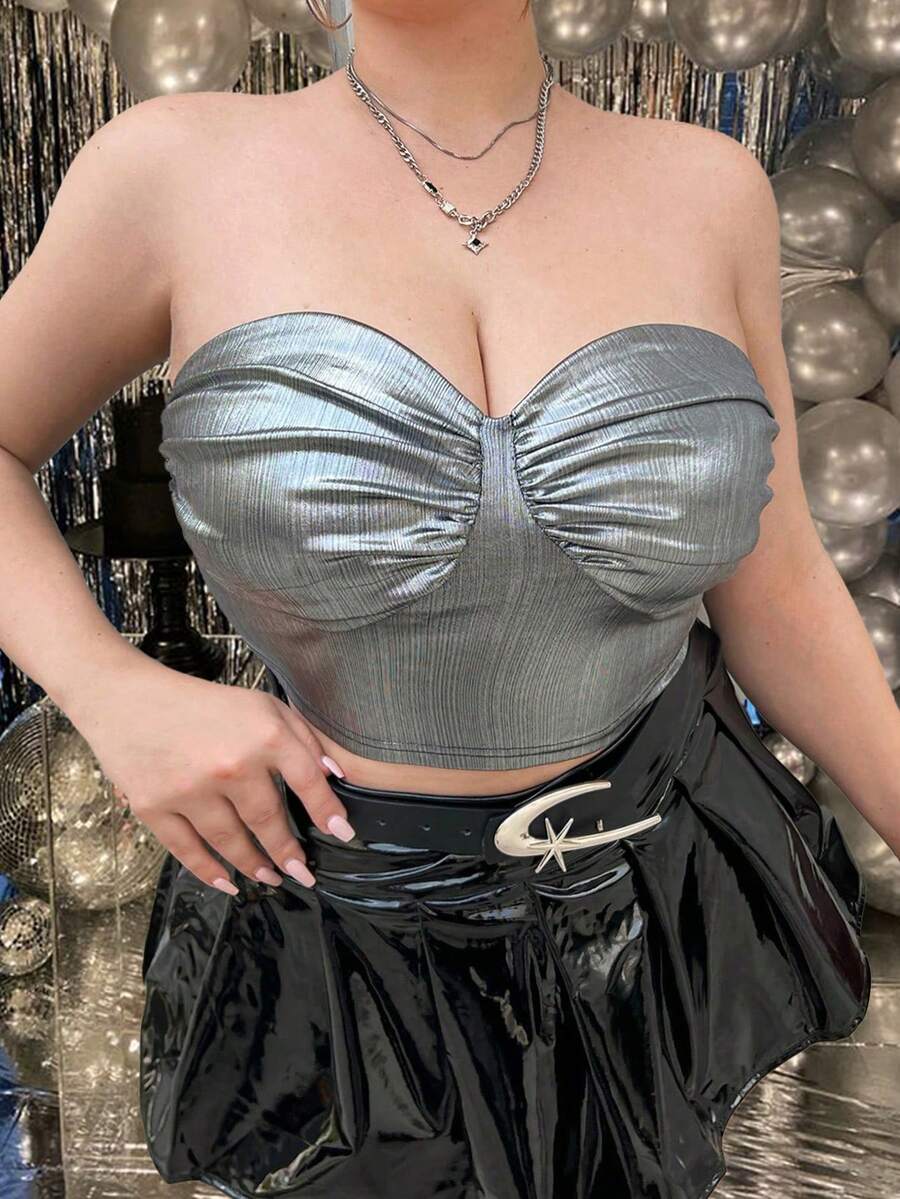 SHEIN ICON 大碼素色褶邊抹胸上衣 - 銀色 - 查看 1