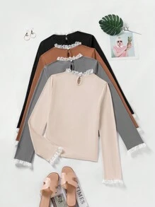 SHEIN LUNE 4pcs Lace Splice Long Sleeve T-shirts - Multicolor - View 2