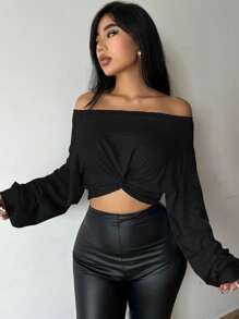 VaVaBold Off-shoulder Nút phía trước Quần skinny Áo thun - màu đen - Xem 9