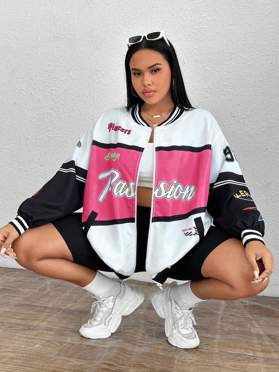 SHEIN EZwear Kích thước lớn In thư Sọc Áo khoác bóng chày - Màu Hồng Tươi - Xem 1