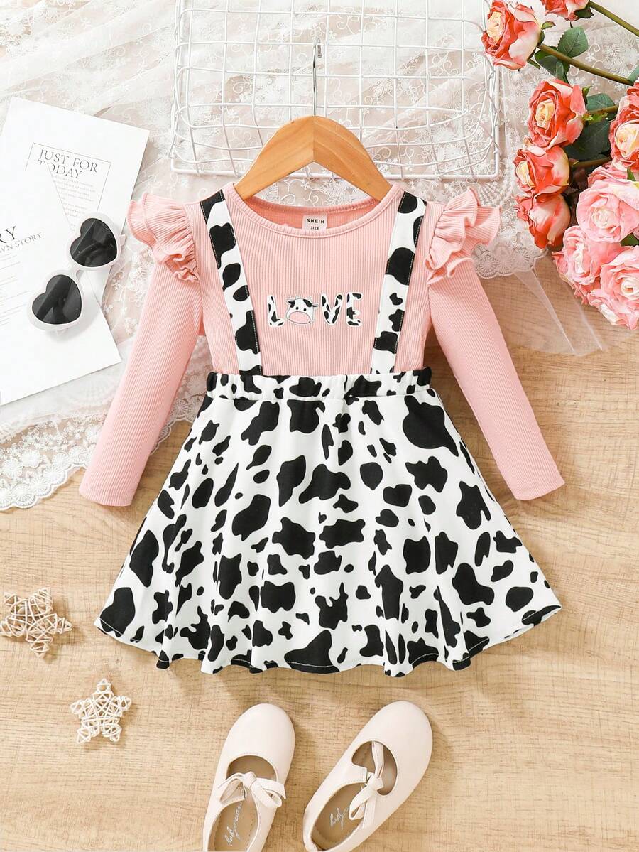 SHEIN Vestido De Manga Larga 2 En 1 Con Estampado De Vaca De Retazos De Punto Informal Para Niñas - Rosa - Ver 1