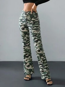 Camouflage Flared Jeans - Army Green - View 1