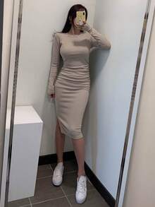 DAZY Đầm ôm dáng dài tay xếp ly thời trang dành cho nữ - Màu Khaki - Xem 5