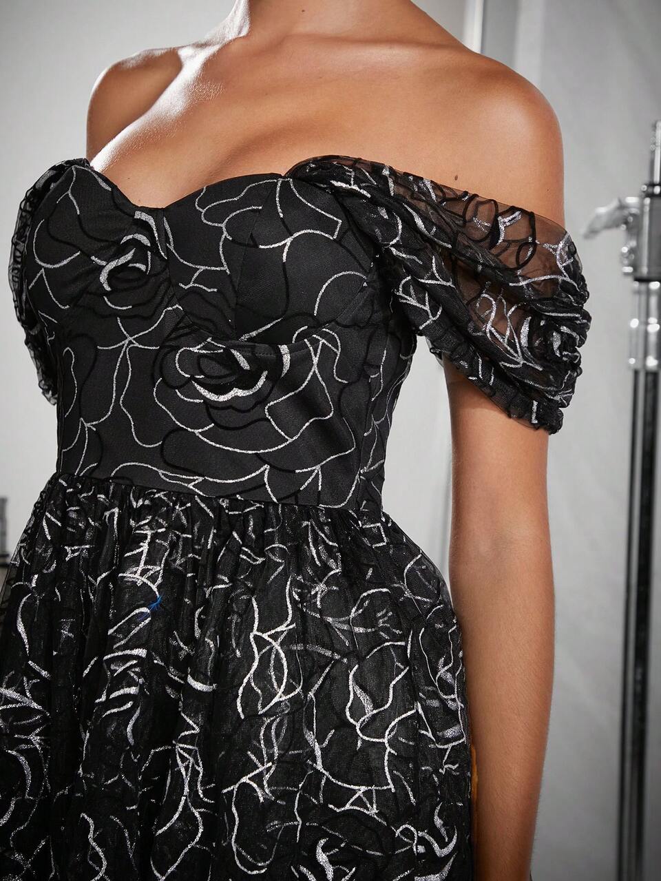 Allover Print Off Shoulder Mesh Overlay Dress