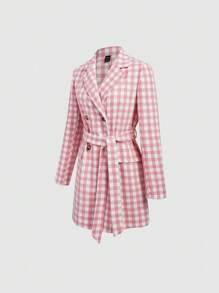 Lunelith SHEIN Lunessa Abrigo De Lana Con Doble Botonadura Y Cinturón Para Mujer De Cuadros