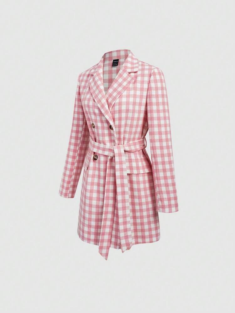Women's Plaid Double Breast Belted Woolen Coat