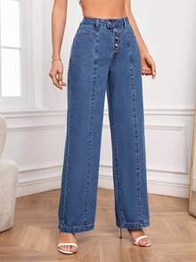 SHEIN Privé Women's Solid Color Pocket Button Closure Jeans - Dark Wash - View 4