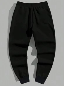 Men's Casual Sports Jogger Pants With Printed Text - Black - View 2