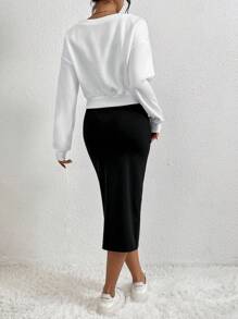 SHEIN LUNE Women's Letter Printed Drop Shoulder Sweatshirt And Solid Color Strap Dress Two Piece Set - Multicolor - View 2