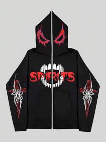 ROMWE MEN Goth Men Letter Graphic Zip Up Hoodie - Black - View 2