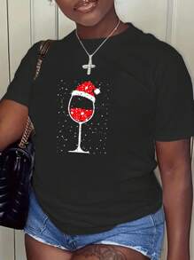 SHEIN Slayr Christmas Hat & Goblet Print Tee - Black - View 1