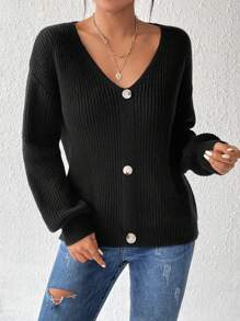 Chiquease Women's Decoration Buckle Design Mesh Knitted Sweater With Back Insert Fall Winter - Black - View 3
