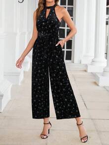 SHEIN Clasi Star Print Keyhole Neckline Belted Halter Jumpsuit - Black - View 3