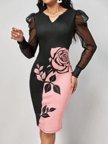 SHEIN Clasi 女士花卉印花網紗長袖連衣裙 - 粉色 - 查看 5