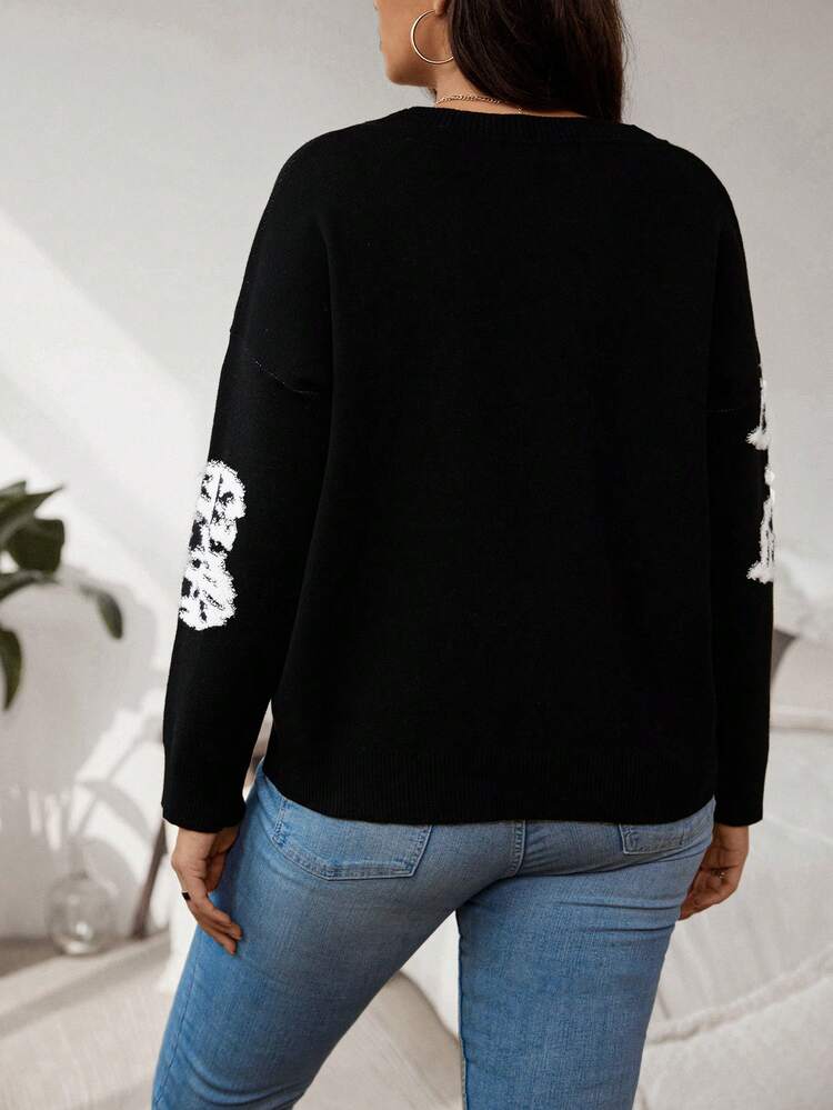 Plus Size Printed Round Neck Pullover Sweater Knit Pullover Fall Winter Sweater
