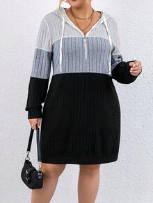 Calvaya Women's Plus Size Half Zipper Color Block Ribbed Drawstring Hooded Sweatshirt Dress - Multicolor - View 4